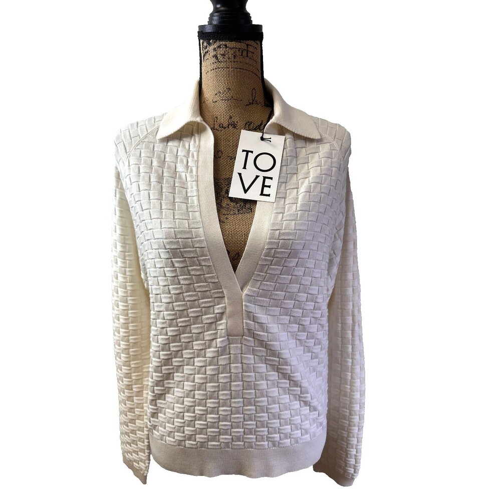 TOVE Women White Merino Wool Blend Juniper Knitted V-Neck Top Sweater Sz FR36/S